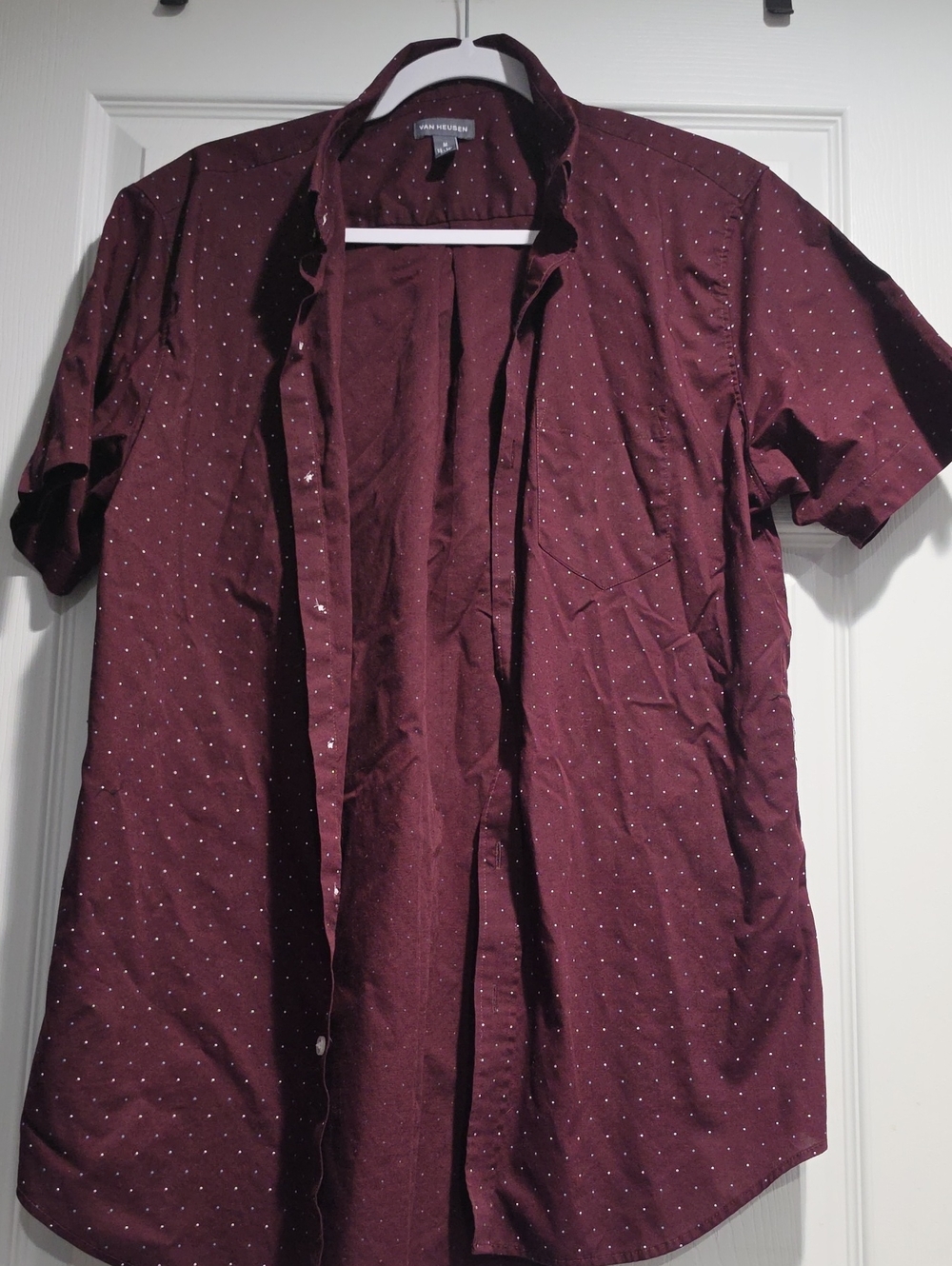 Van Heusen Men's Burgundy Short-Sleeve Button-Down Shirt with Micro Dot Print